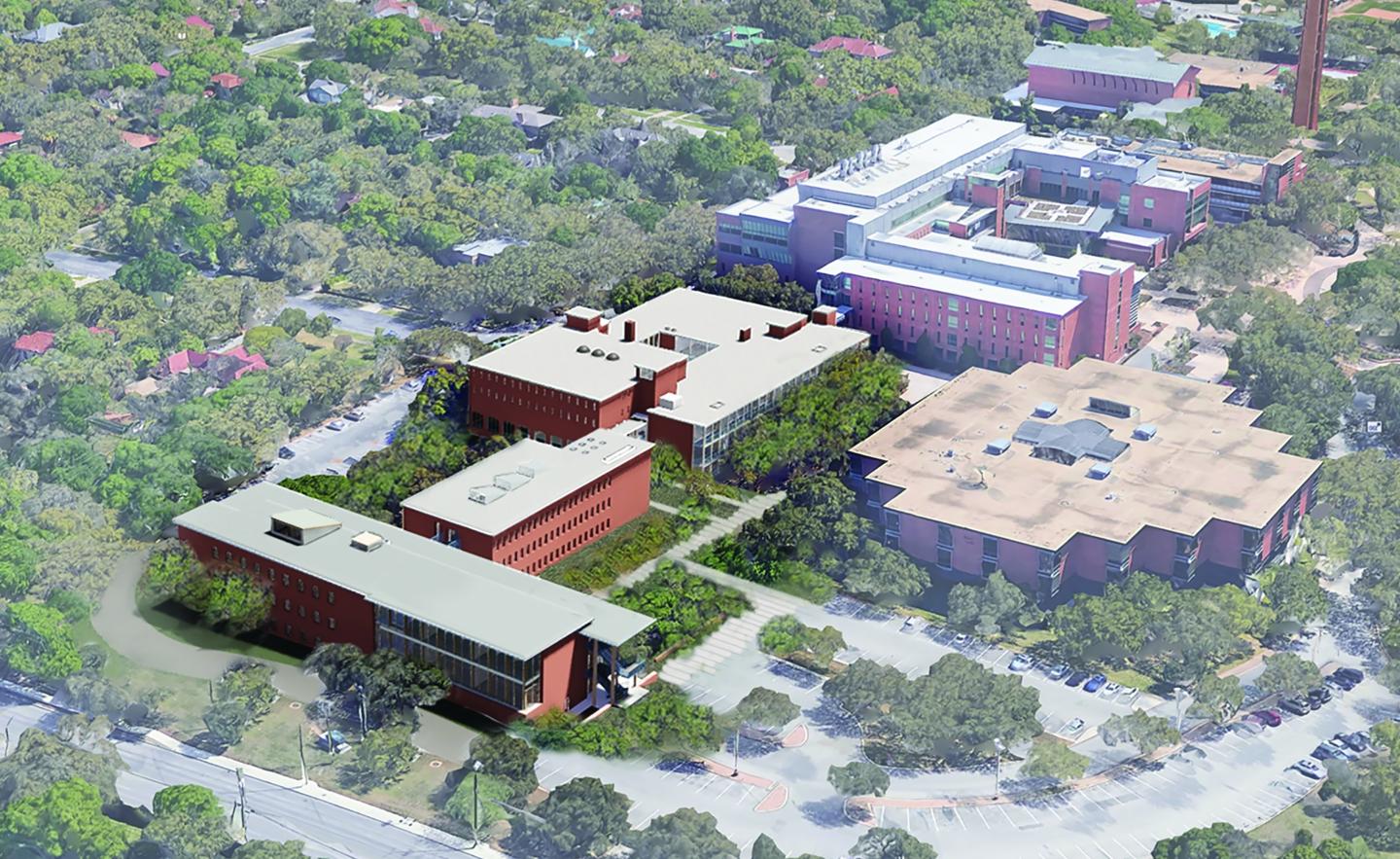 a birds-eye view of the north end of campus shows a rendering of the placement of 迪克霍尔 north of Halsell