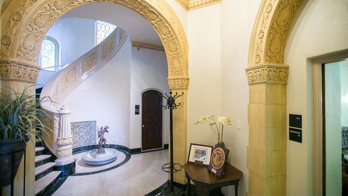 The holt foyer showcases elaborate architecture and design